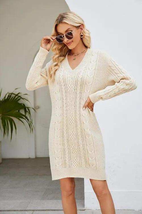 Cable-Knit Long Sleeve Sweater Dress - Trendsi - Flyclothing LLC