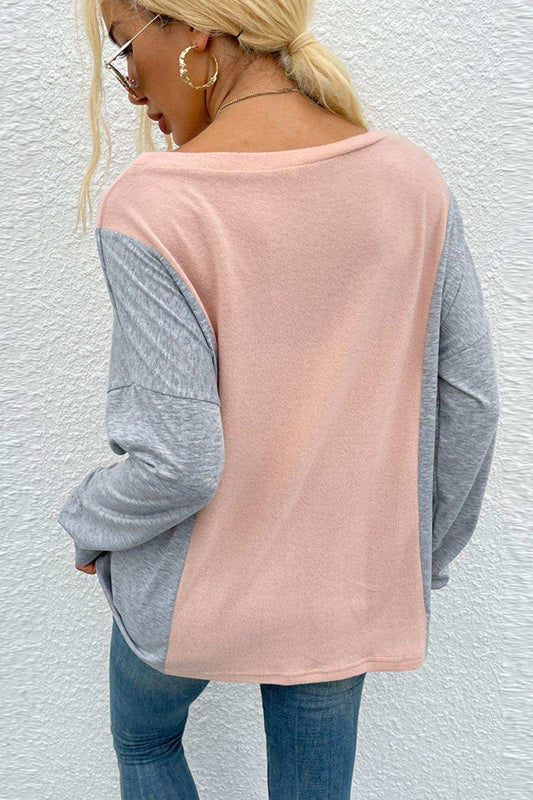 Color Block V-Neck Long Sleeve Blouse - Trendsi - Flyclothing LLC