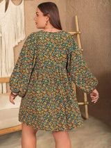 Plus Size V-Neck Balloon Sleeve Printed Mini Dress - Trendsi - Flyclothing LLC