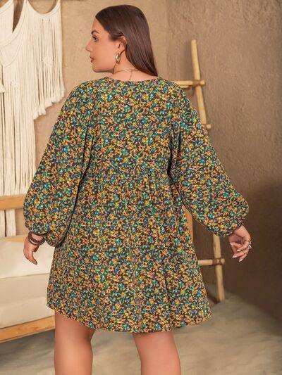 Plus Size V-Neck Balloon Sleeve Printed Mini Dress - Trendsi - Flyclothing LLC