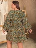 Plus Size V-Neck Balloon Sleeve Printed Mini Dress - Trendsi