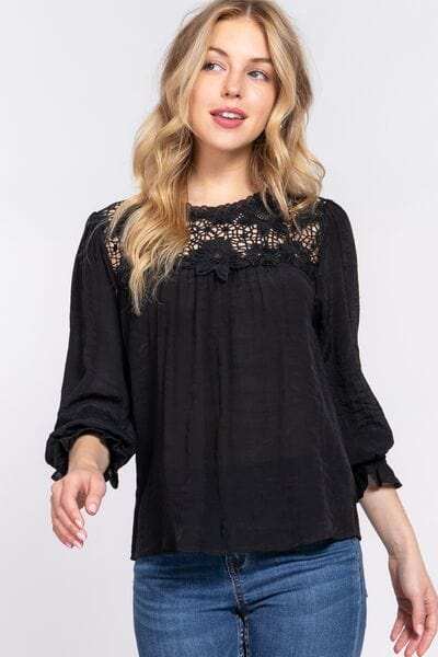 ACTIVE BASIC Crochet Lace Panel Flounce Sleeve Blouse - Trendsi - Flyclothing LLC
