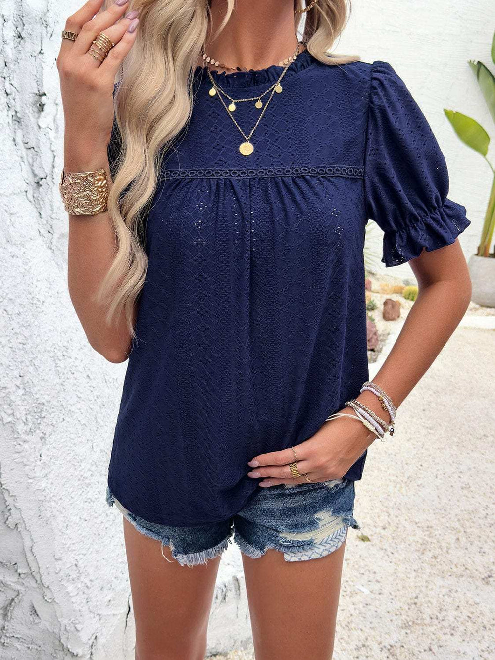 Eyelet Mock Neck Flounce Sleeve Blouse - Trendsi - Flyclothing LLC