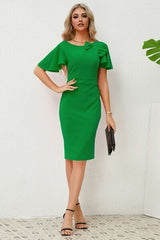 Slit Round Neck Flutter Sleeve Dress - Flyclothing LLC