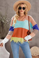 Color Block Distressed V-Neck Ribbed Sweater - Flyclothing LLC