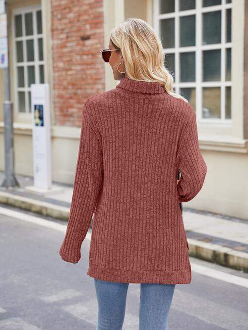 Ribbed Turtleneck Long Sleeve Slit Knit Top - Trendsi - Flyclothing LLC