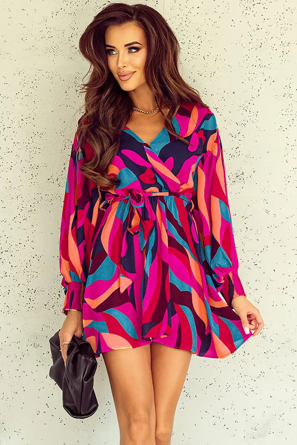 Printed Surplice Neck Tie Waist Dress - Trendsi - Flyclothing LLC