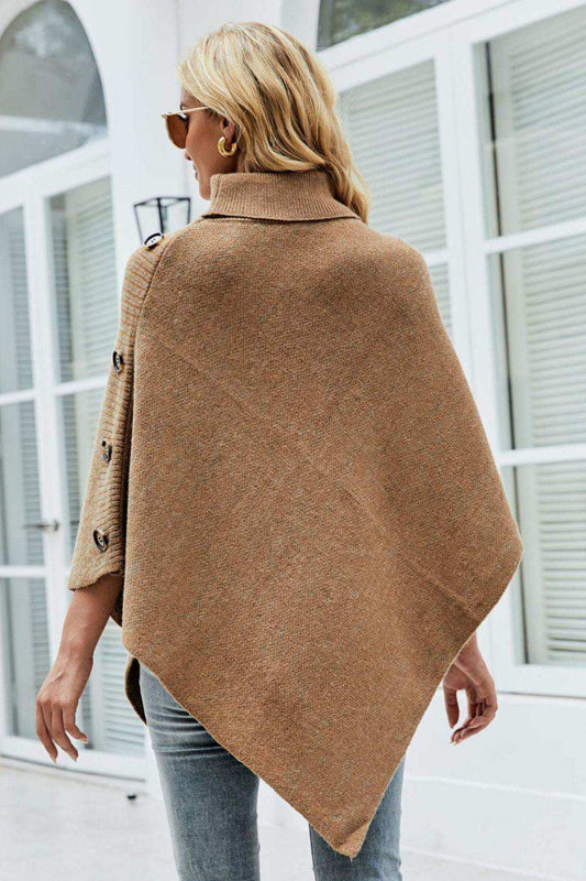 Turtleneck Buttoned Poncho - Trendsi - Flyclothing LLC