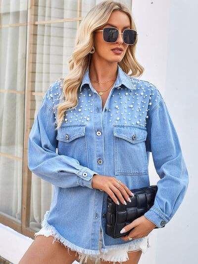 Pearl Detail Pocketed Button Up Denim Jacket - Trendsi - Flyclothing LLC