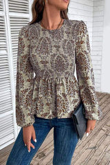 Smocked Printed Balloon Sleeve Blouse - Trendsi - Flyclothing LLC