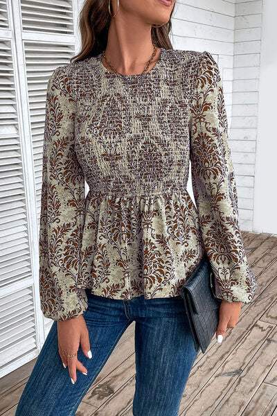 Smocked Printed Balloon Sleeve Blouse - Trendsi - Flyclothing LLC