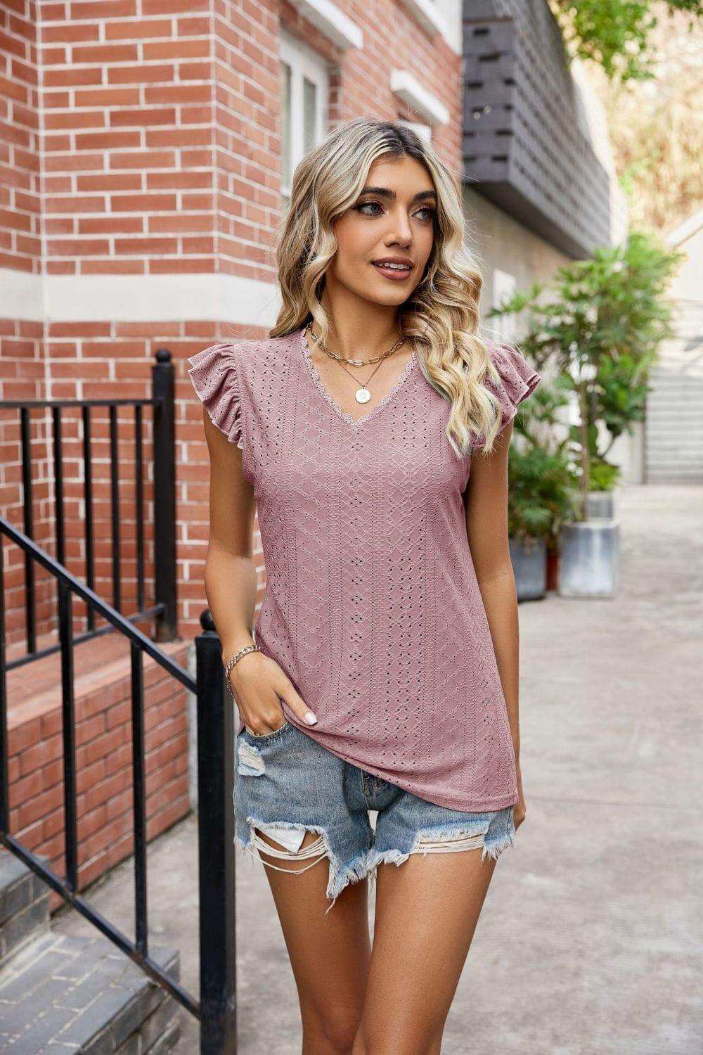 Eyelet Flutter Sleeve Scalloped V-Neck Top - Trendsi - Flyclothing LLC
