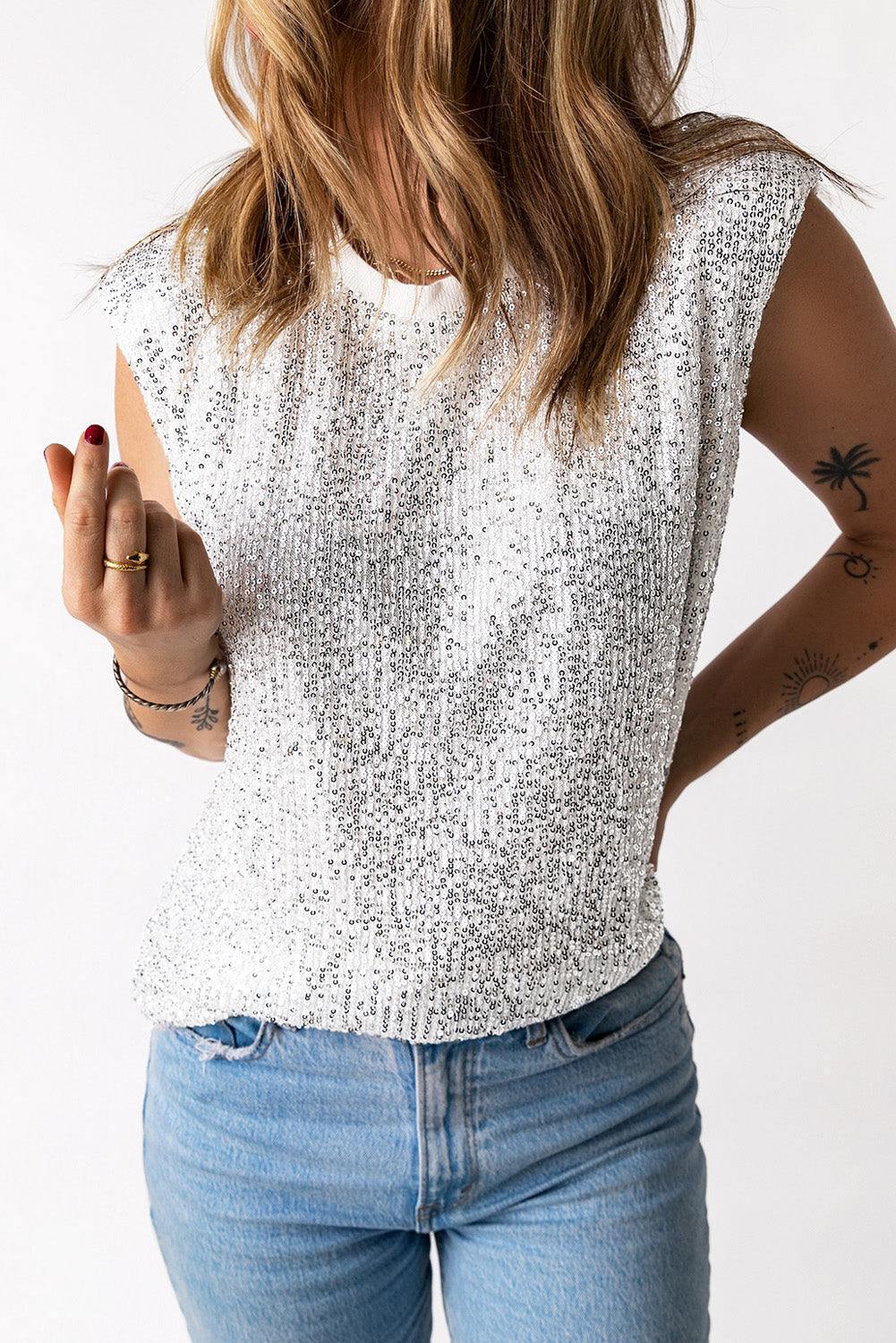 Sequin Round Neck Capped Sleeve Tank - Trendsi