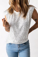 Sequin Round Neck Capped Sleeve Tank - Trendsi