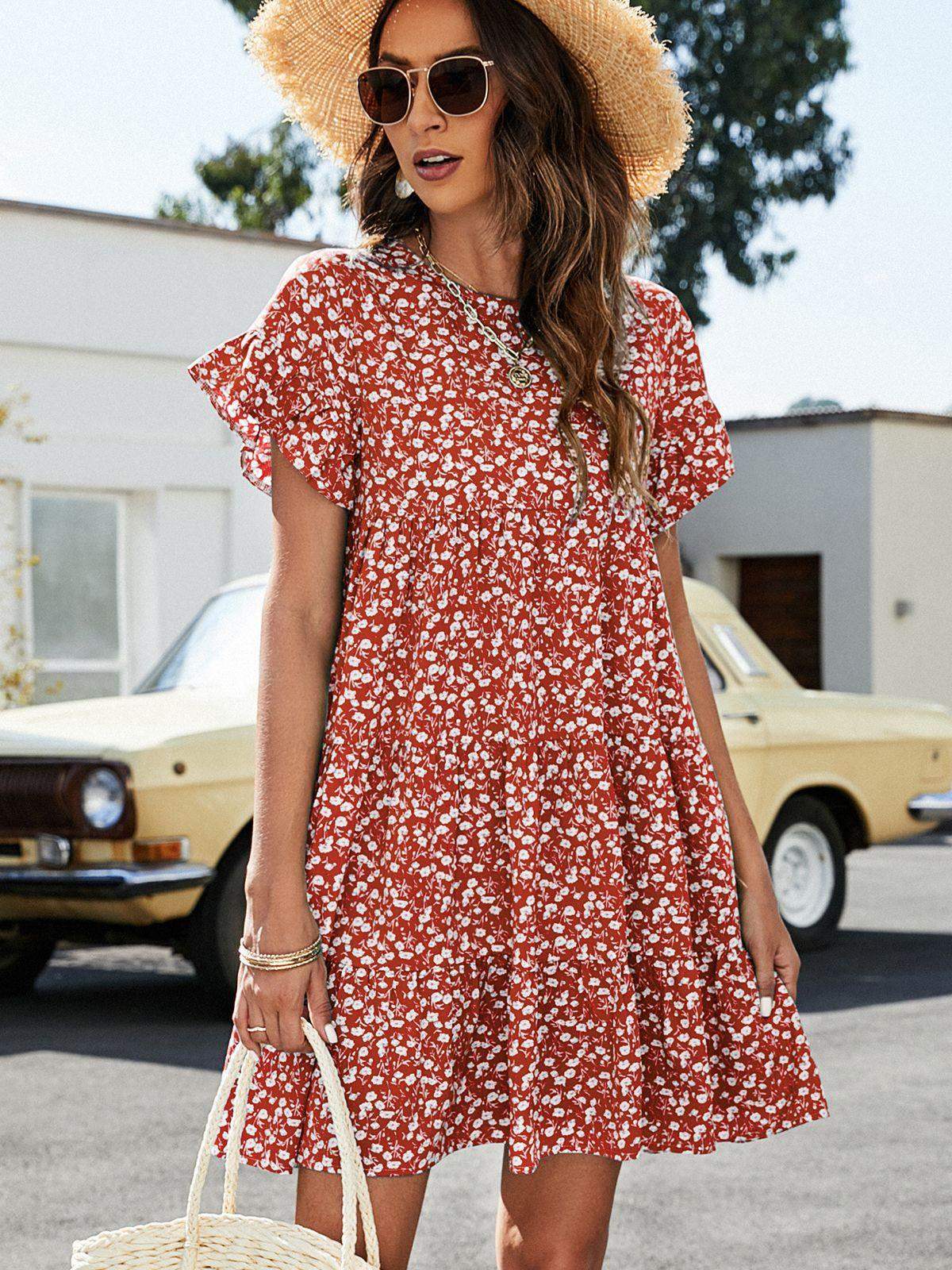 Leopard Short Flounce Sleeve Tiered Dress - Trendsi - Flyclothing LLC