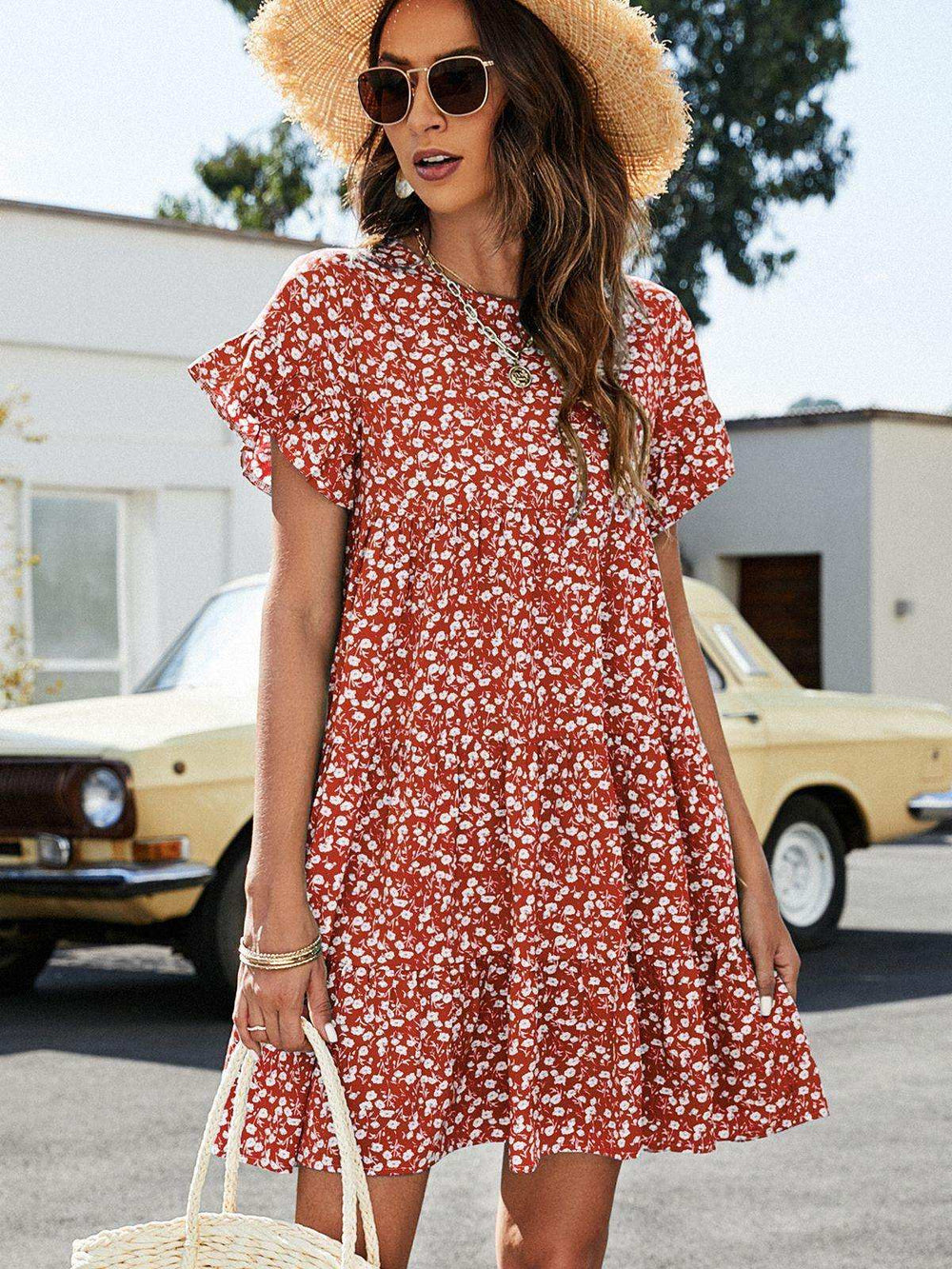 Leopard Short Flounce Sleeve Tiered Dress - Trendsi - Flyclothing LLC