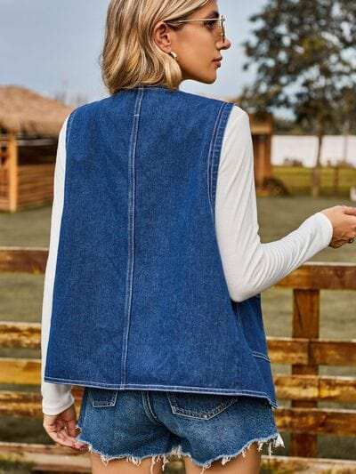 Pocketed Button Up Sleeveless Denim Jacket - Trendsi - Flyclothing LLC