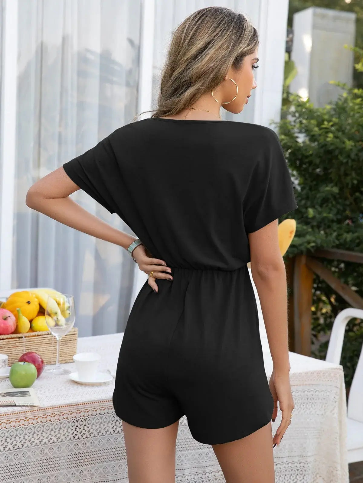 Decorative Button Round Neck Short Sleeve Romper - Trendsi - Flyclothing LLC