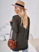 Crochet Contrast V-Neck Long Sleeve Slit T-Shirt - Trendsi - Flyclothing LLC