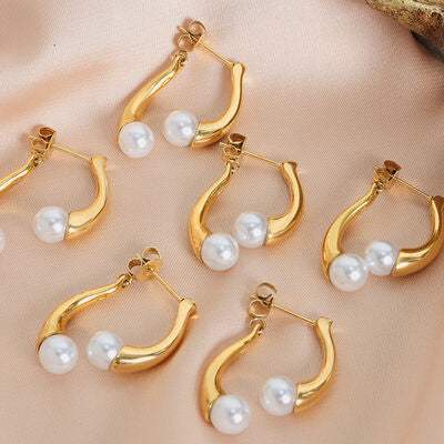 Synthetic Pearl Asymmetrical Titanium Steel Earrings - Trendsi - Flyclothing LLC