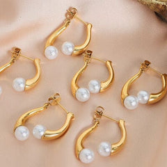Synthetic Pearl Asymmetrical Titanium Steel Earrings - Flyclothing LLC