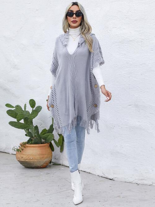Fringe Trim Buttoned Hooded Poncho - Trendsi