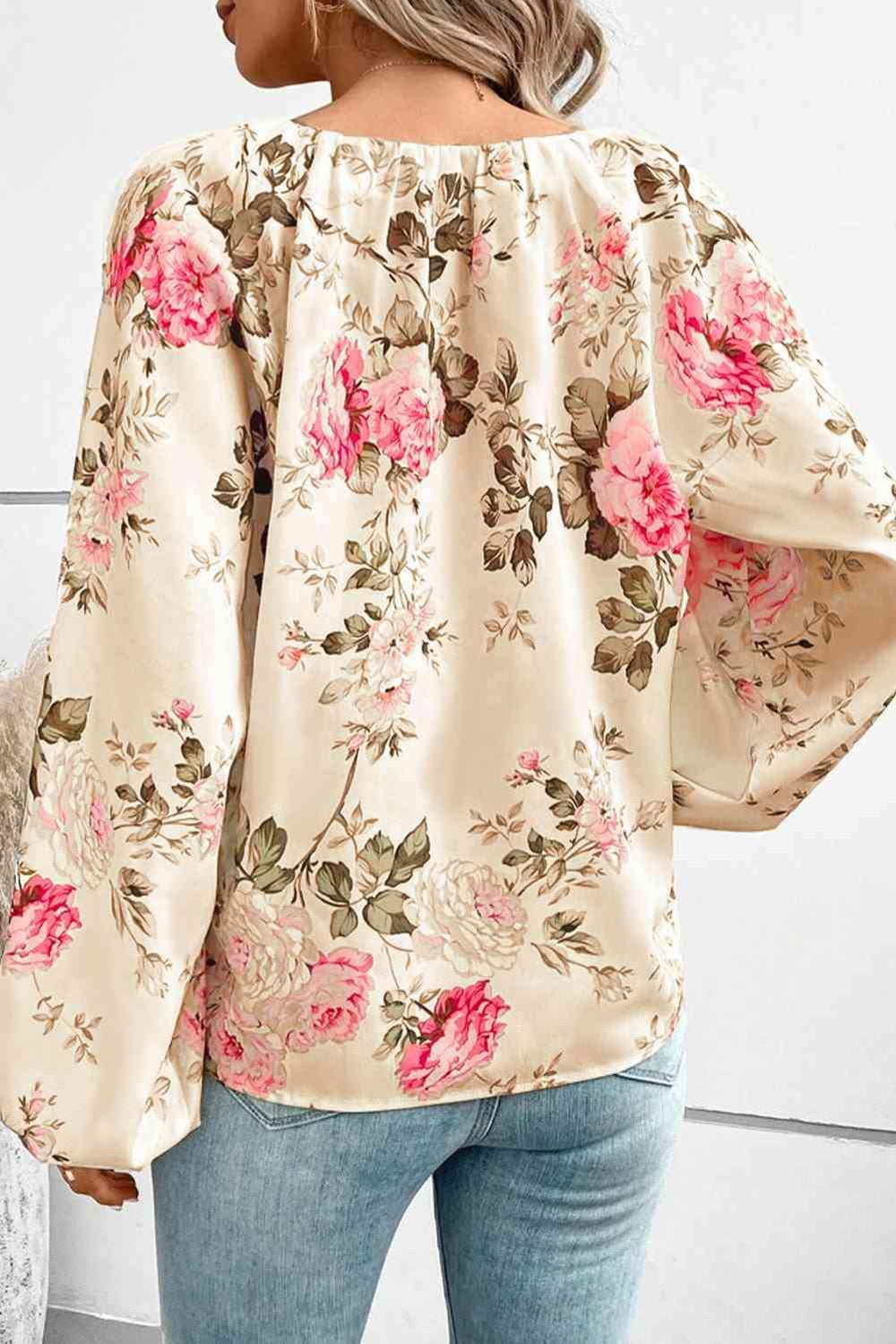 Floral V-Neck Balloon Sleeve Blouse - Trendsi - Flyclothing LLC