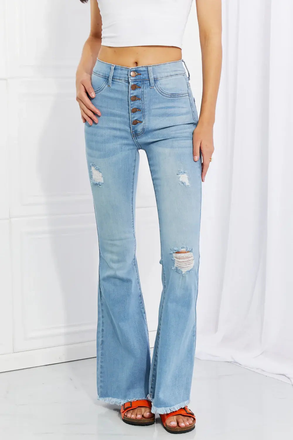 Vibrant MIU Full Size Jess Button Flare Jeans - Trendsi - Flyclothing LLC