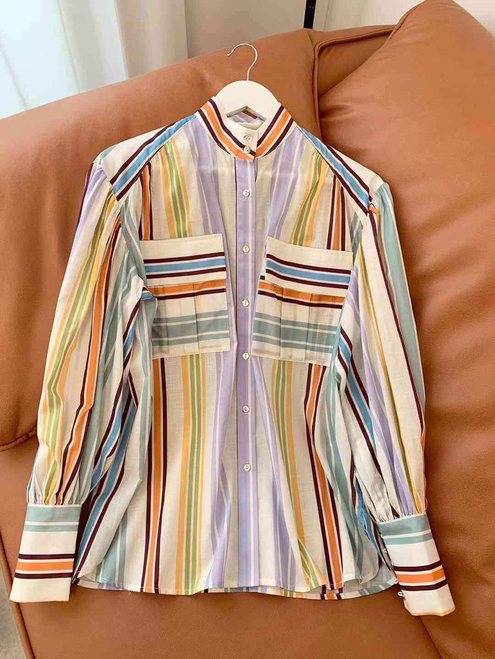 Striped Button Down Lantern Sleeve Shirt - Trendsi - Flyclothing LLC