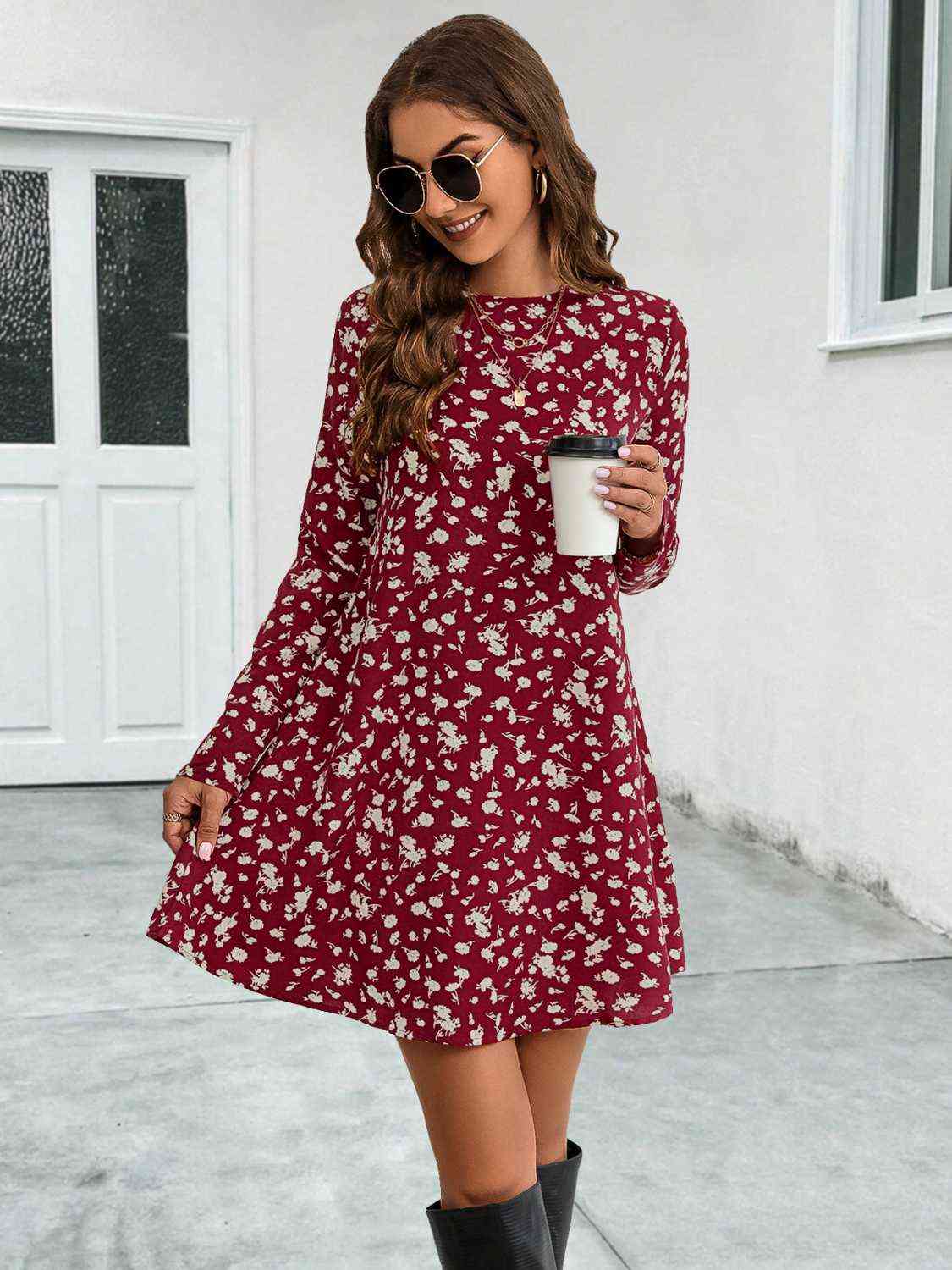 Round Neck Long Sleeve Mini Dress - Trendsi - Flyclothing LLC