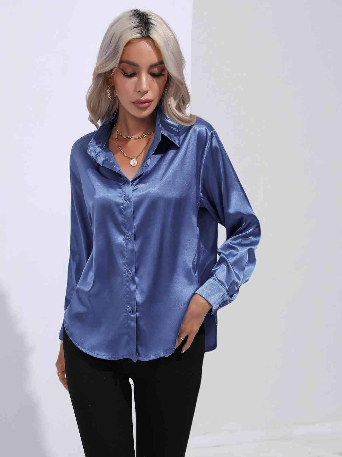 Collared Neck Buttoned Long Sleeve Shirt - Trendsi - Flyclothing LLC