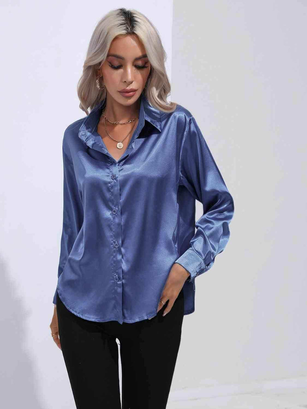 Collared Neck Buttoned Long Sleeve Shirt - Trendsi - Flyclothing LLC