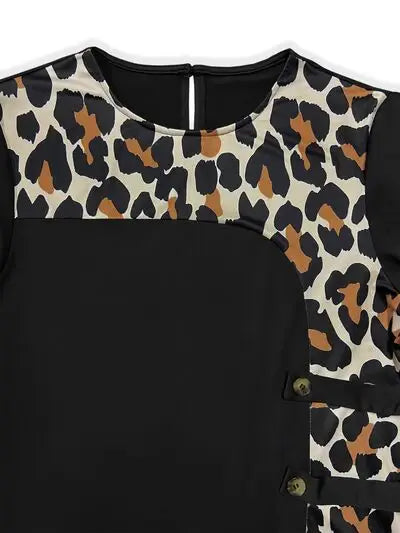 Plus Size Leopard Round Neck Long Sleeve Dress - Trendsi - Flyclothing LLC