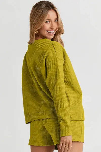 Double Take Full Size Texture Long Sleeve Top and Drawstring Shorts Set - Trendsi - Flyclothing LLC