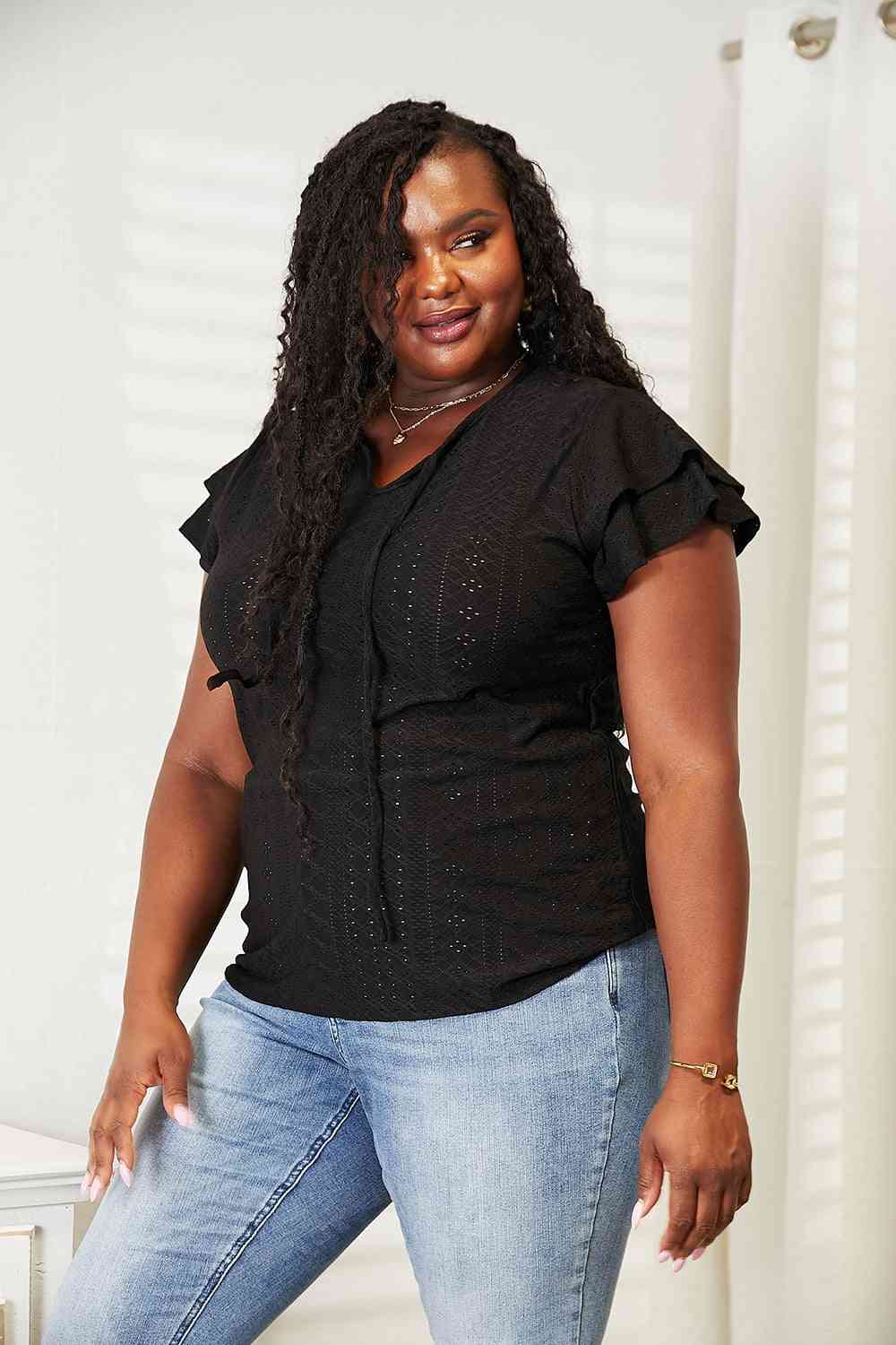 Double Take Eyelet Tie-Neck Flutter Sleeve Blouse - Trendsi - Flyclothing LLC