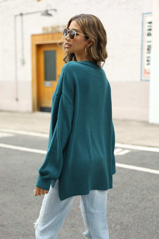 Round Neck Dropped Shoulder Slit Sweater - Trendsi - Flyclothing LLC