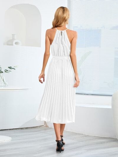 Pleated Spaghetti Strap Tie Waist Midi Dress - Trendsi