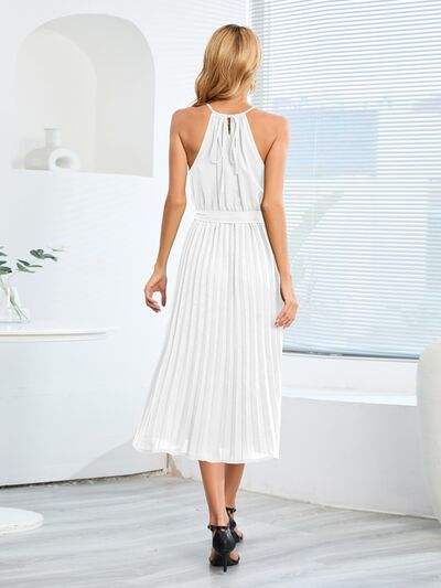 Pleated Spaghetti Strap Tie Waist Midi Dress - Trendsi - Flyclothing LLC