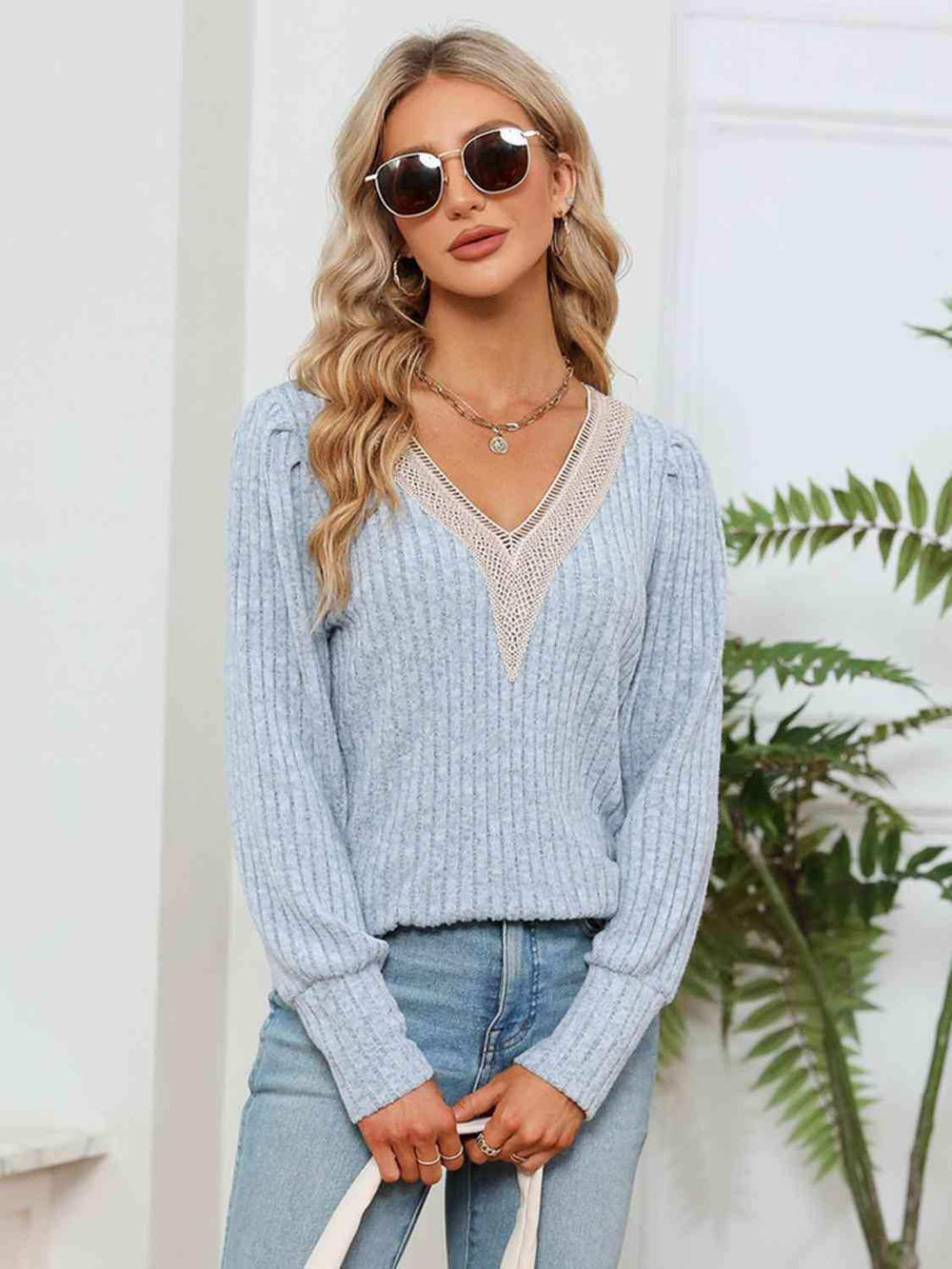 Lace Detail V-Neck Ribbed Blouse - Trendsi - Flyclothing LLC