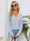 Lace Detail V-Neck Ribbed Blouse - Trendsi
