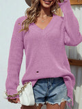 Distressed V-Neck Drop Shoulder Sweater - Trendsi