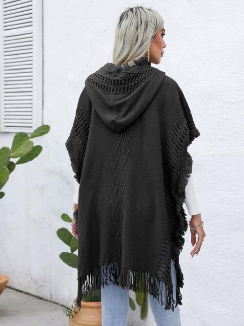 Fringe Trim Buttoned Hooded Poncho - Trendsi
