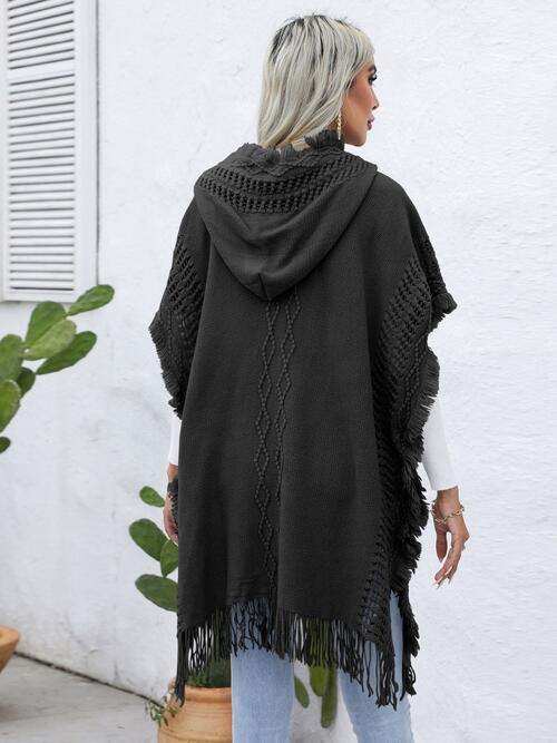 Fringe Trim Buttoned Hooded Poncho - Trendsi - Flyclothing LLC