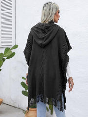 Fringe Trim Buttoned Hooded Poncho - Trendsi