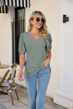 Eyelet Puff Sleeve V-Neck Top - Trendsi - Flyclothing LLC
