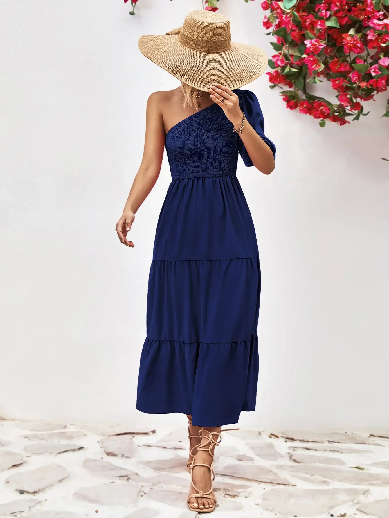 Smocked One-Shoulder Midi Dress - Trendsi - Flyclothing LLC
