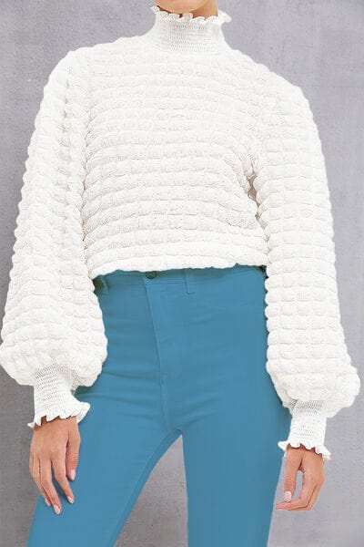Frill Turtleneck Lantern Sleeve Blouse - Trendsi - Flyclothing LLC