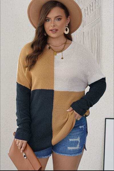 Plus Size Color Block Round Neck Sweater - Trendsi - Flyclothing LLC