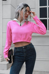 Contrast Collared Cropped Sweater - Trendsi