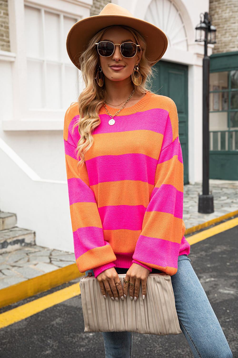 Striped Balloon Sleeve Knit Pullover - Flyclothing LLC